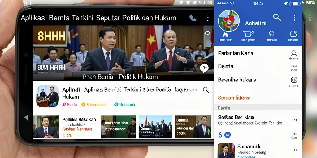 Tampilan antarmuka aplikasi 8HHH dengan berita politik dan hukum.