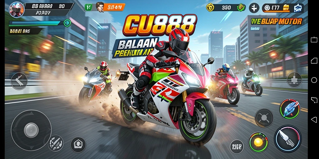 Screenshot menampilkan balapan motor yang sengit di lintasan.