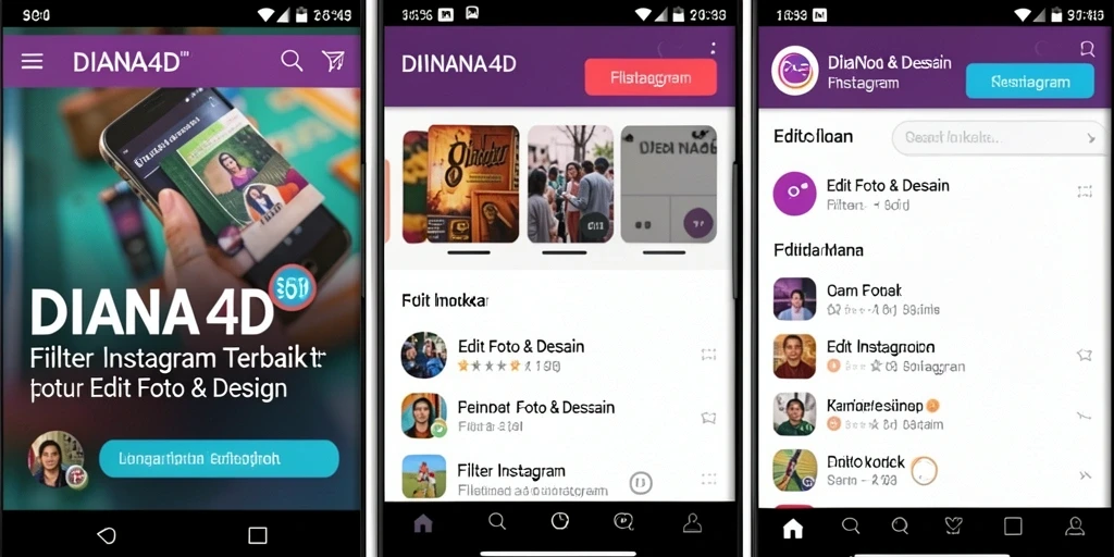 Antarmuka aplikasi DIANA4D dengan beragam filter Instagram.